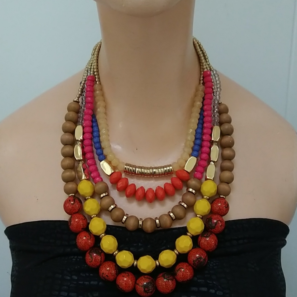 Multi Color Wooden Beaded statement necklace